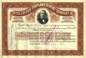 Thomas A. Edison Inc. - Edison Portland Cement - Transferred to Thomas A. Edison, Inc. - Stock Certificate